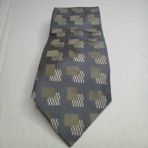 Pronto Uomo Tie Necktie Men Silk Geometric Pattern Green Silver - Picture 1 of 8